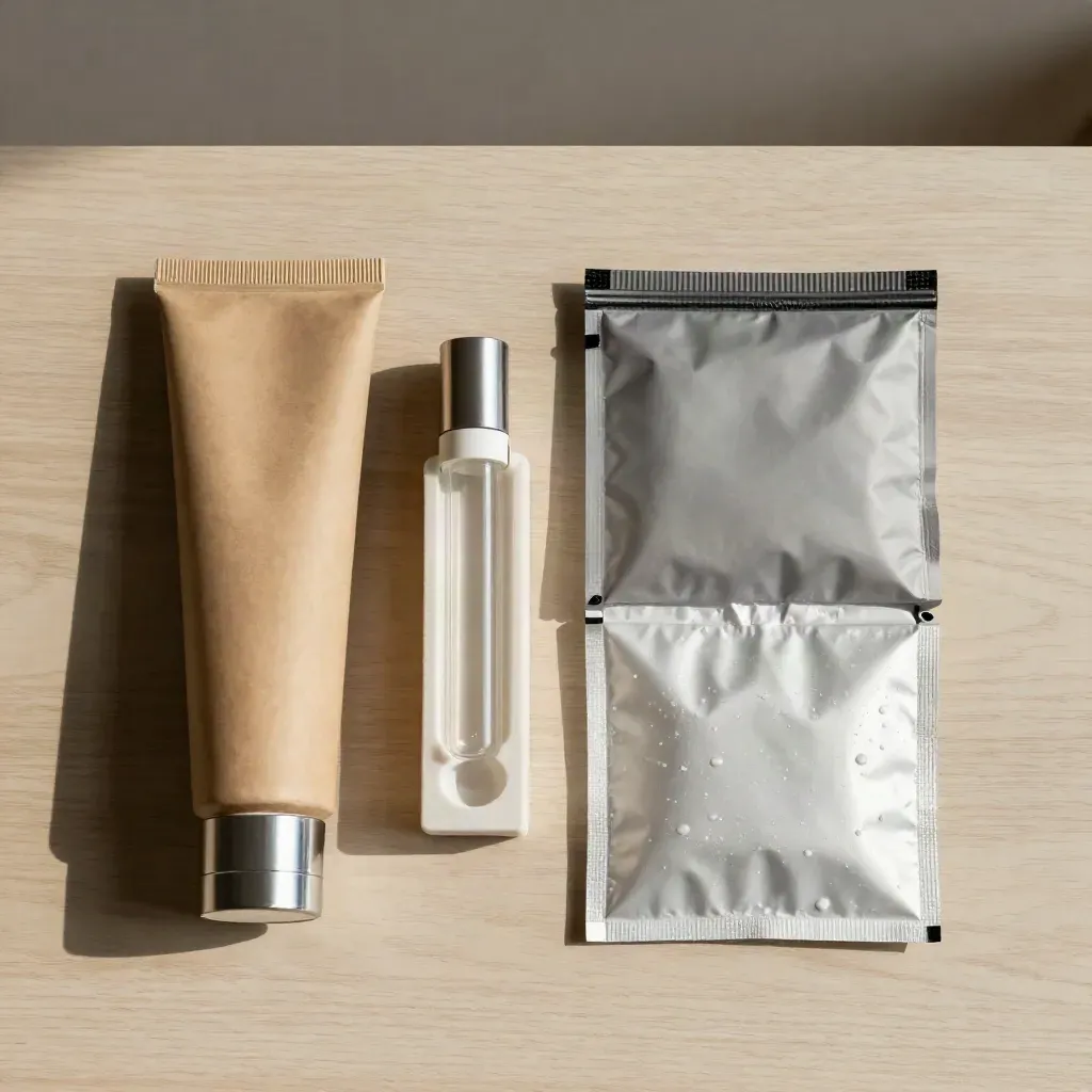 Overhead still life of an intake kit with shipping tube, vial, mailer, and cold pack on pale oak.