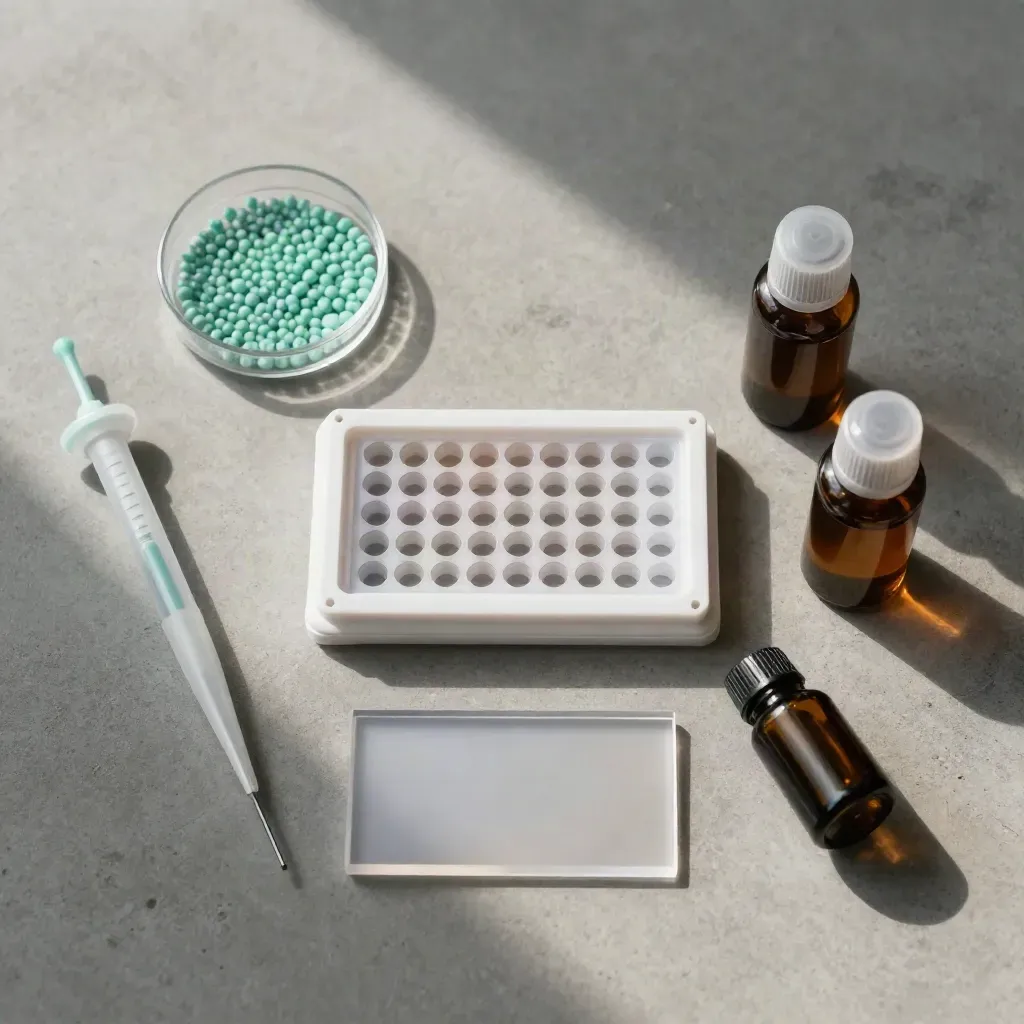Overhead biotech flatlay with microplate, tip rack, beads, and buffer bottles on concrete.