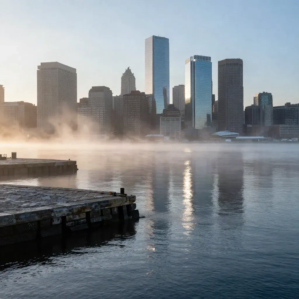 Foggy Boston Harbor and Back Bay skyline above a calm slate-blue waterfront at dawn.
