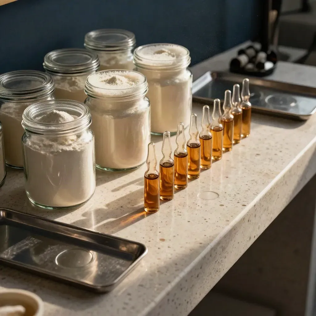 Glass jars, ampoules, and a foam-lined case staged on travertine in a biotech lab.