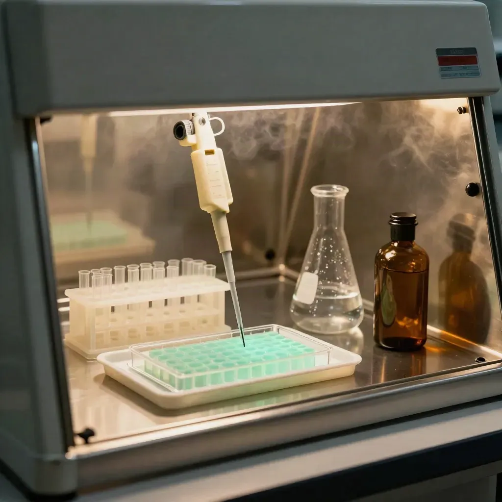 Bioassay setup under a safety hood with plate, tip rack, flask and microplate lid glowing mint