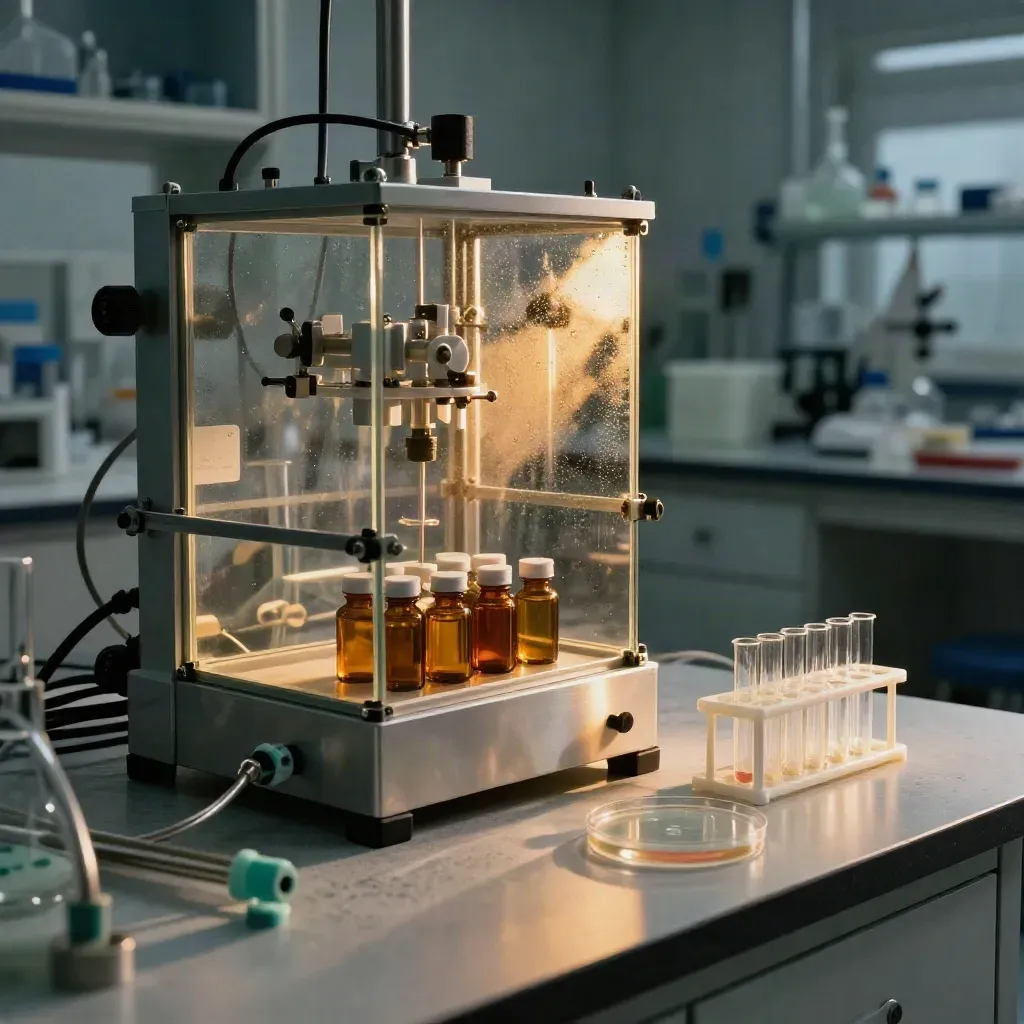 Biotech lab bay with bioreactors, amber vials and glowing glassware in golden rain light