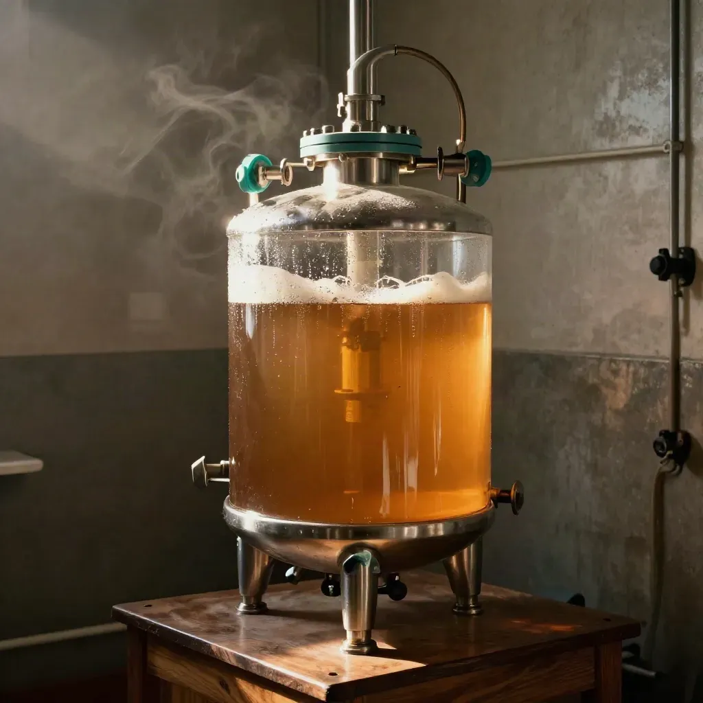 Low-angle bioreactor vessel with amber broth, coil, tubing, and foam in warm lab light.