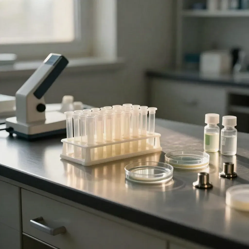 Lab bench with fraction tubes, sample vials, petri dishes, and a lab instrument in soft window light.