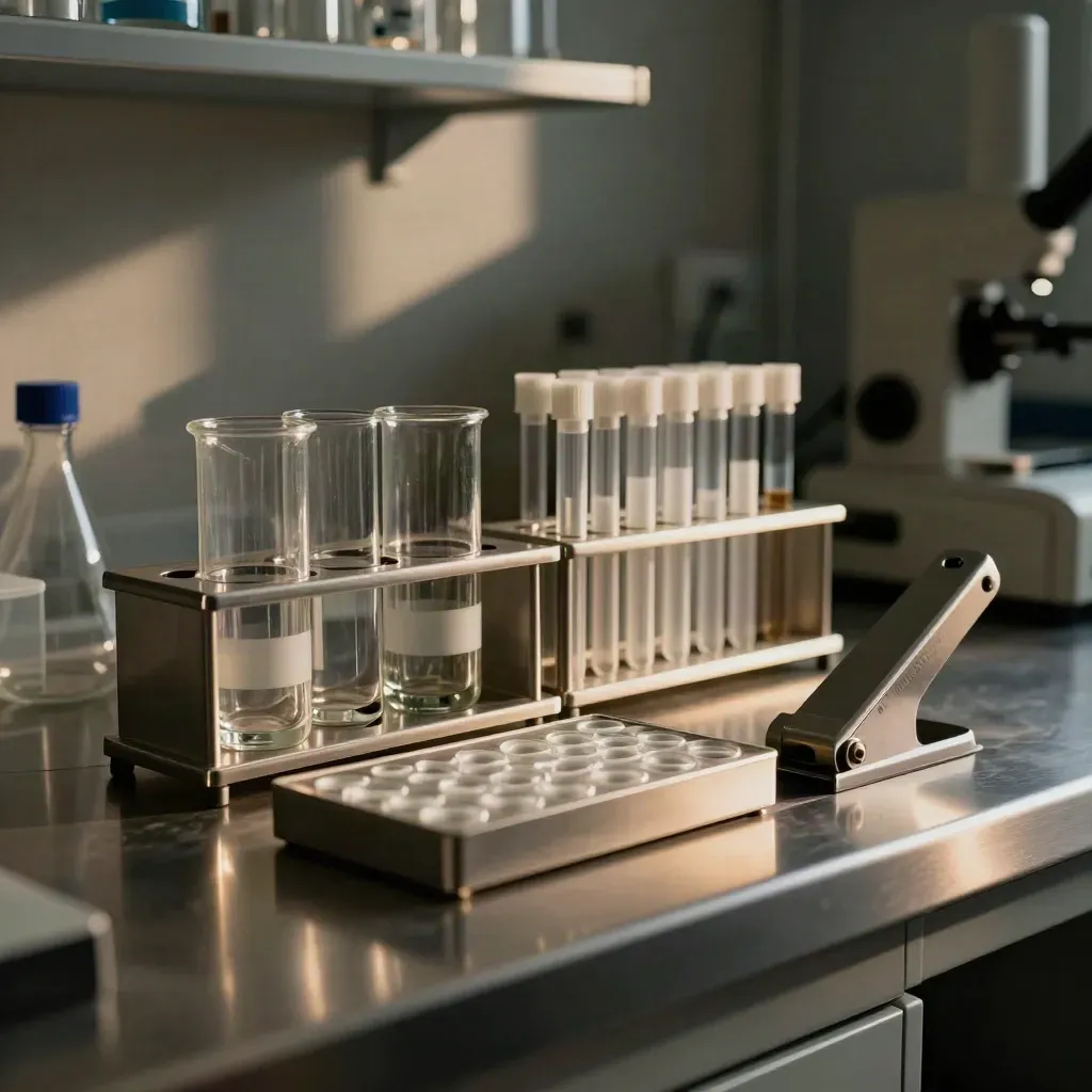 QC testing station with vials, microtubes, and glassware on a stainless lab bench in moody light.