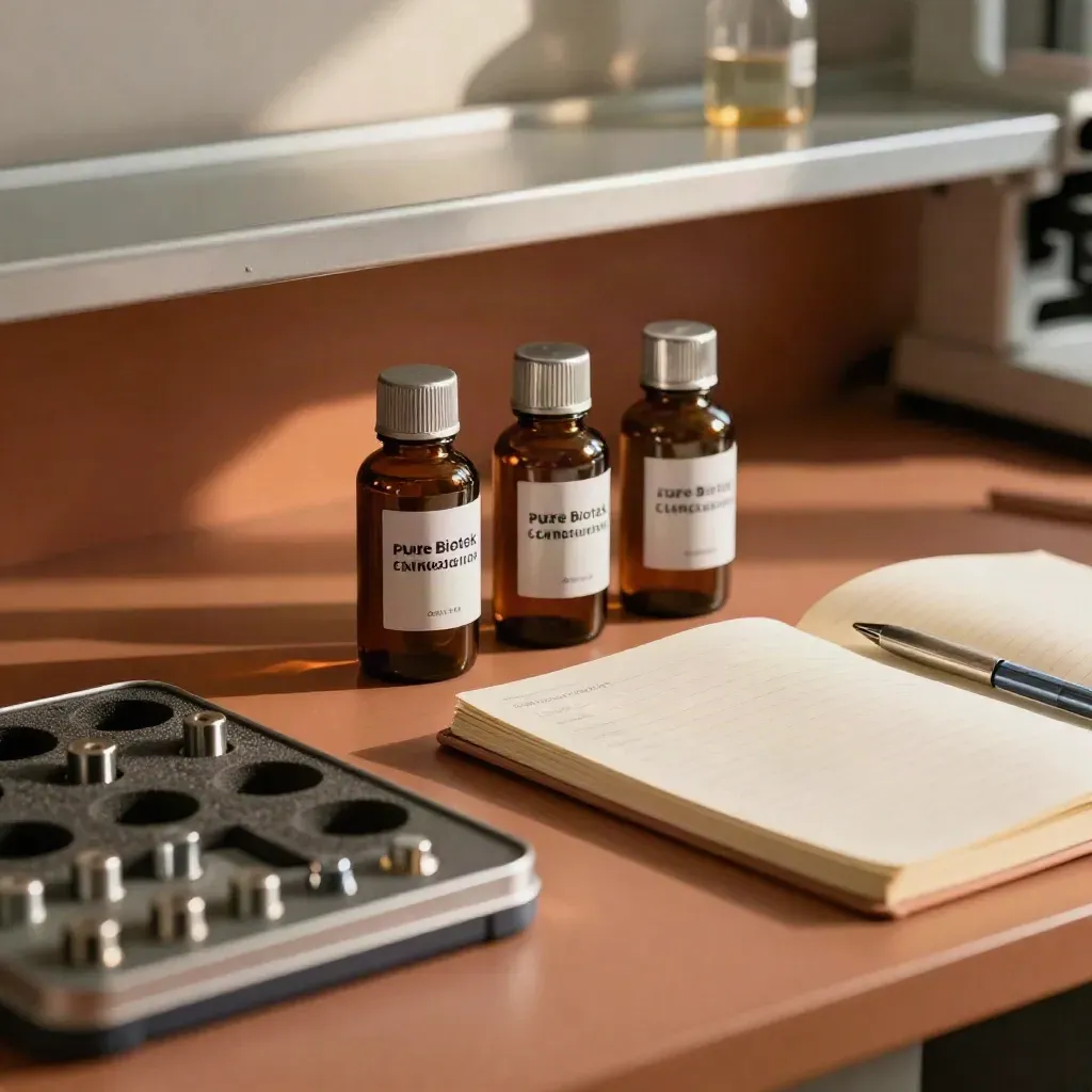 Macro lab setup with reagent bottles, microplate, tip boxes and a closed notebook.