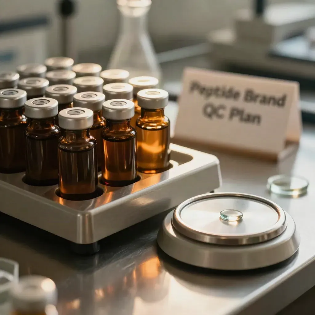 QC vial tray with balance and sealed ampoules in warm lab light
