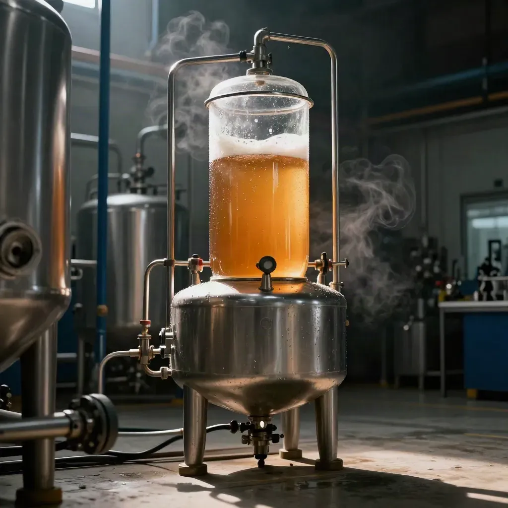 Low-angle fermenter with amber broth, condensation, and steam in a clean lab