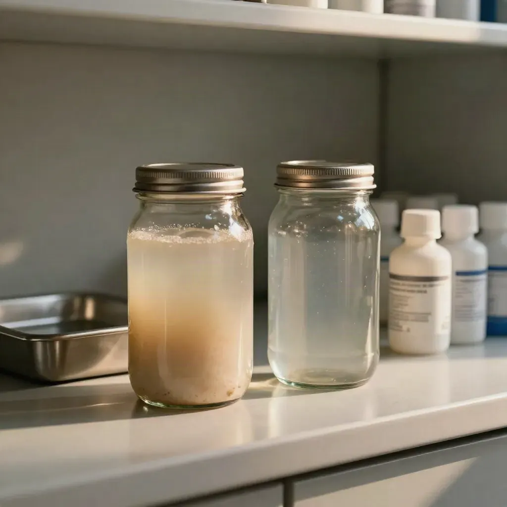 Cloudy and clear source jars beside a batch tray and white bottles in a biotech lab