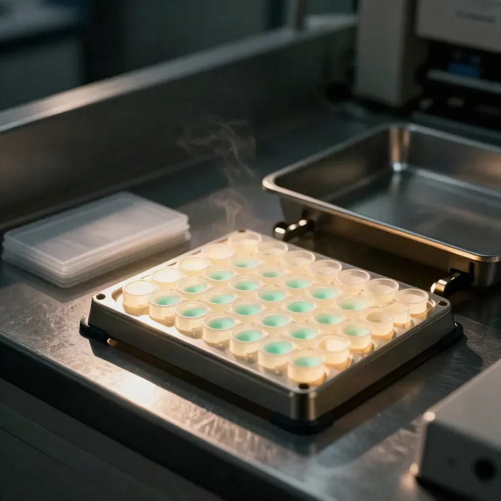 Glowing microplate on a steel lab bench beside an open plate reader lid in moody haze.