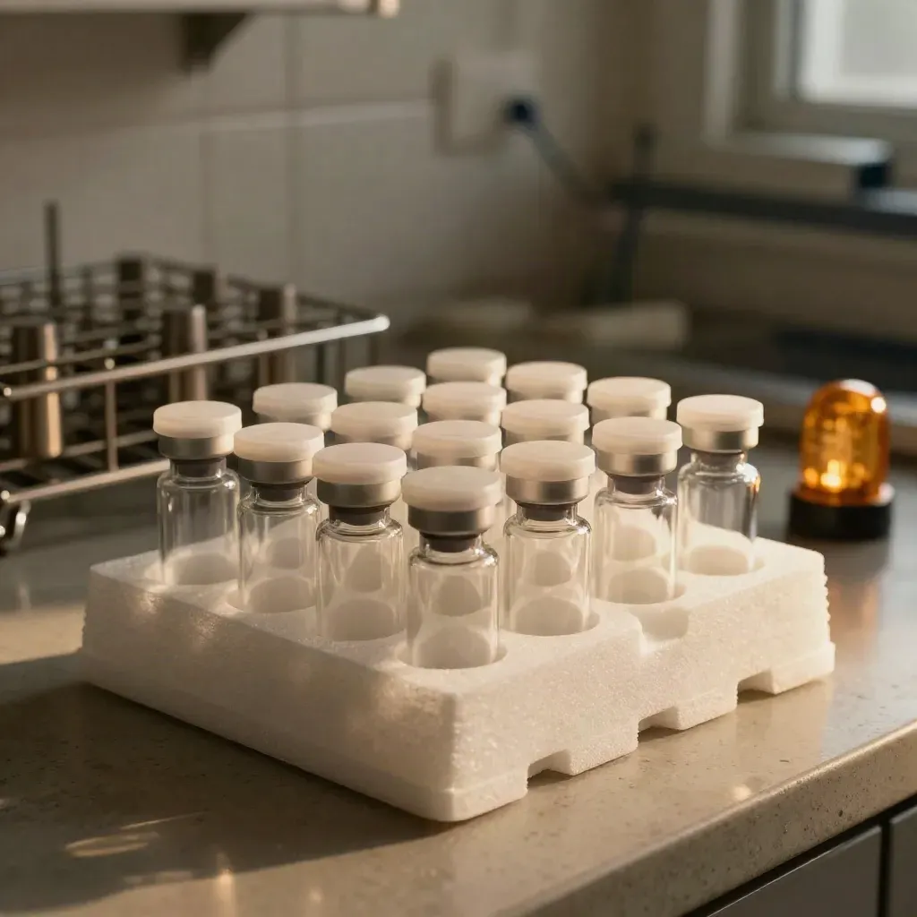 Foam-trayed biotech vials, release rack, and amber status beacon on a lab bench.