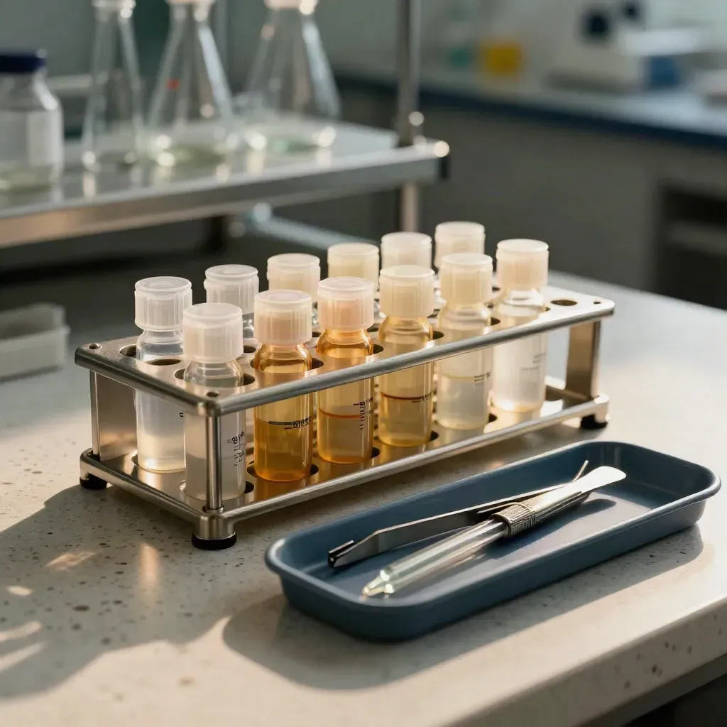 QC lab still life: master sample rack, stainless microtools and calibration vials on travertine.