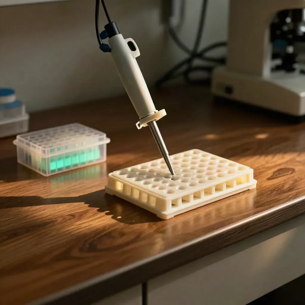 Assay plate, pipette tips, and glowing reference block on a walnut lab bench in haze.