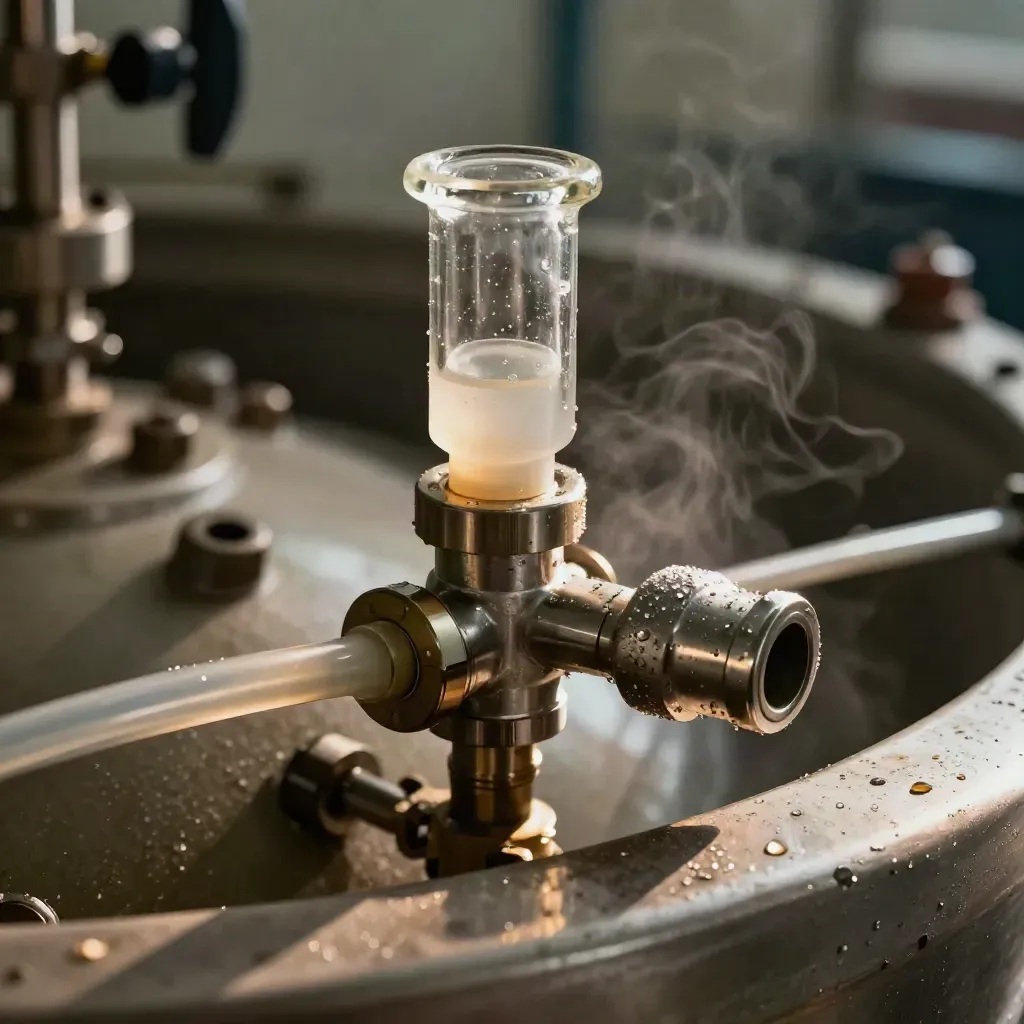 Macro of a glass sampling valve, frosted tubing and a beaded steel clamp on a fermenter sleeve.