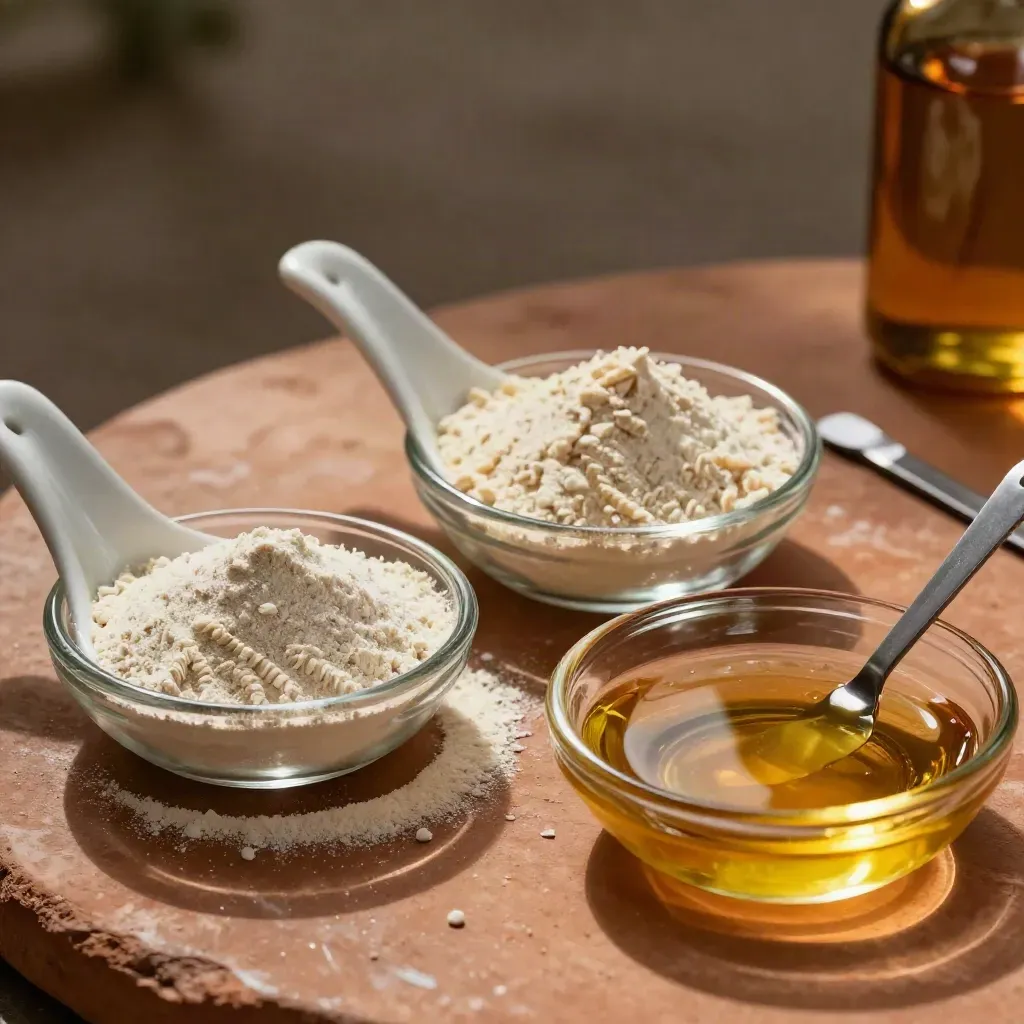 Purified ingredient powders and oils in glass dishes and ceramic spoons on terracotta clay.