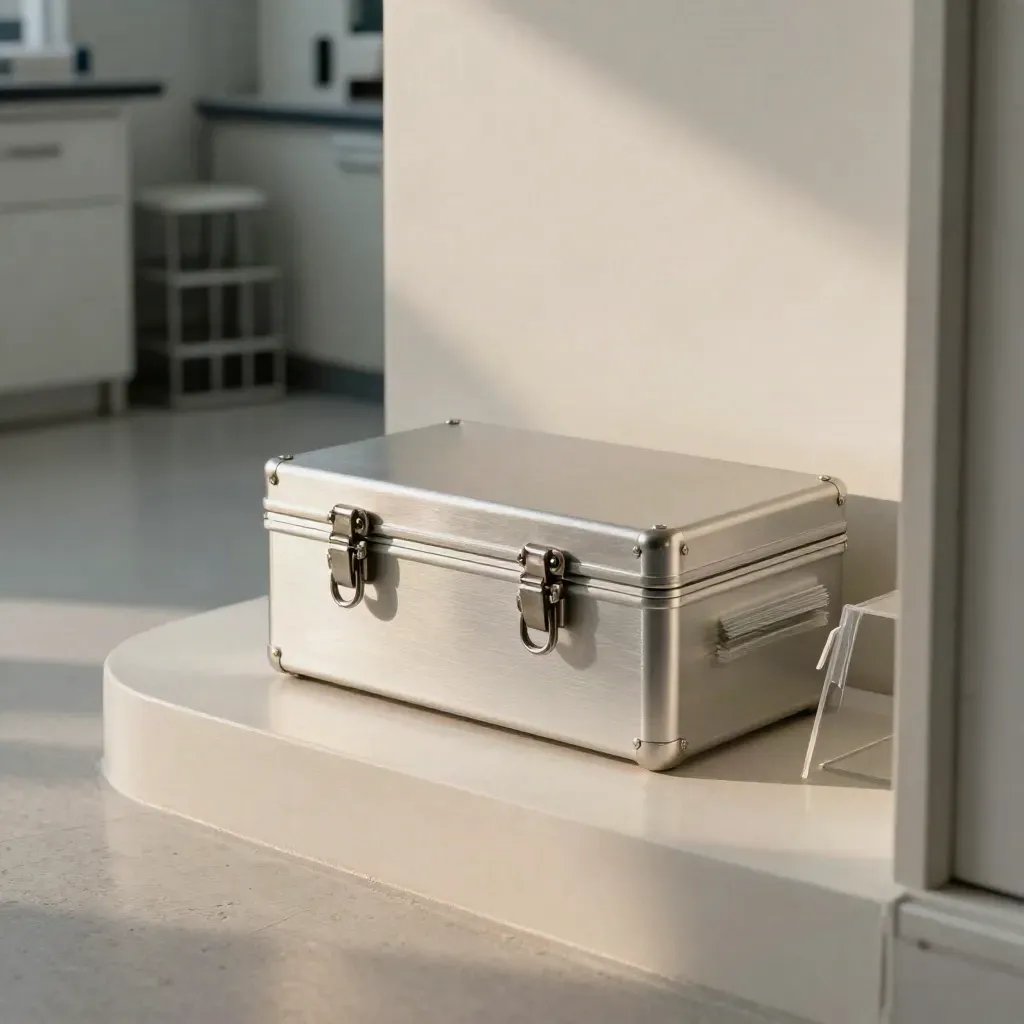 Sealed results box with acetate sleeves and a silver sample rack in a clean lab nook.