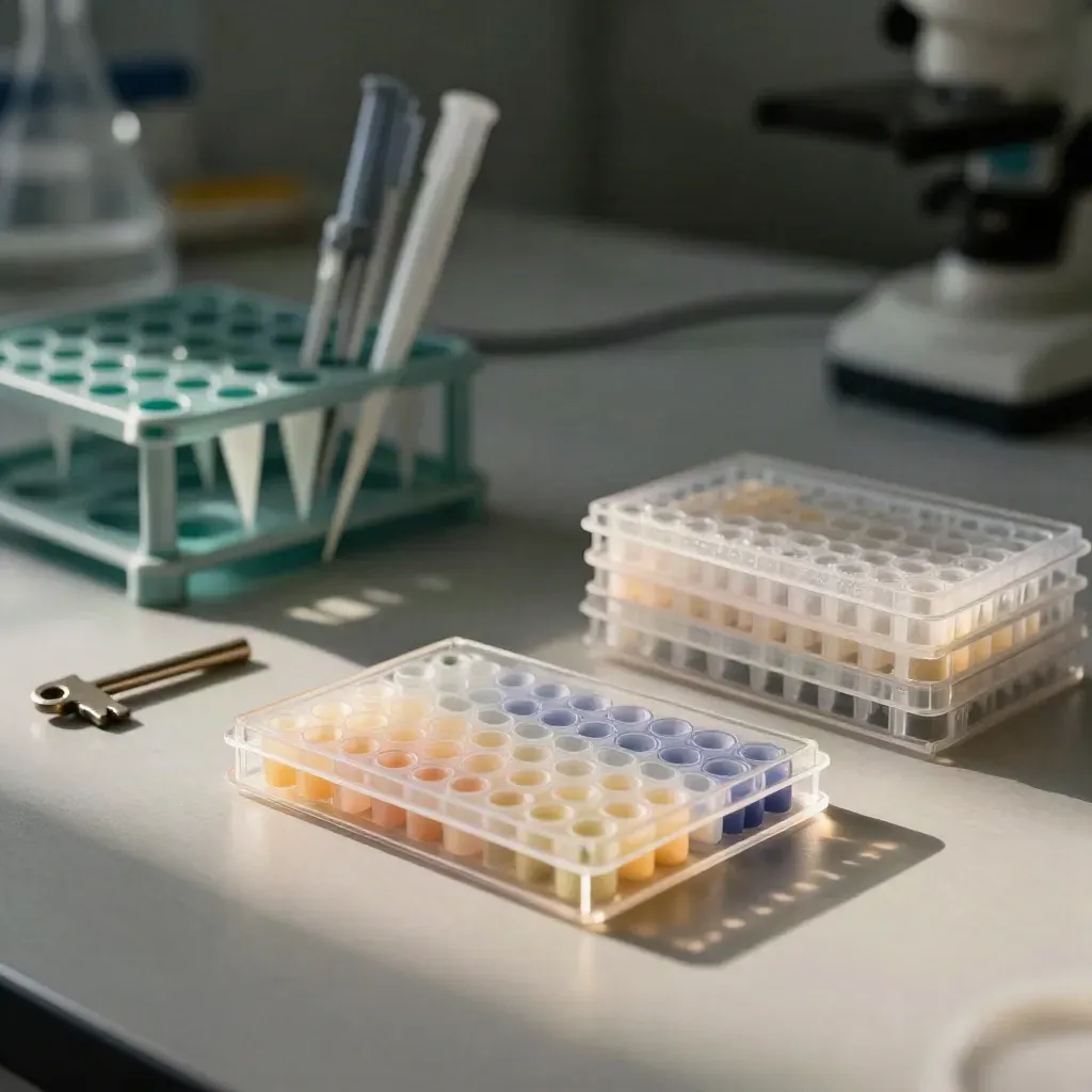 Assay plate, pipette rack, and stacked microplates on pale wood in a clean lab still life.