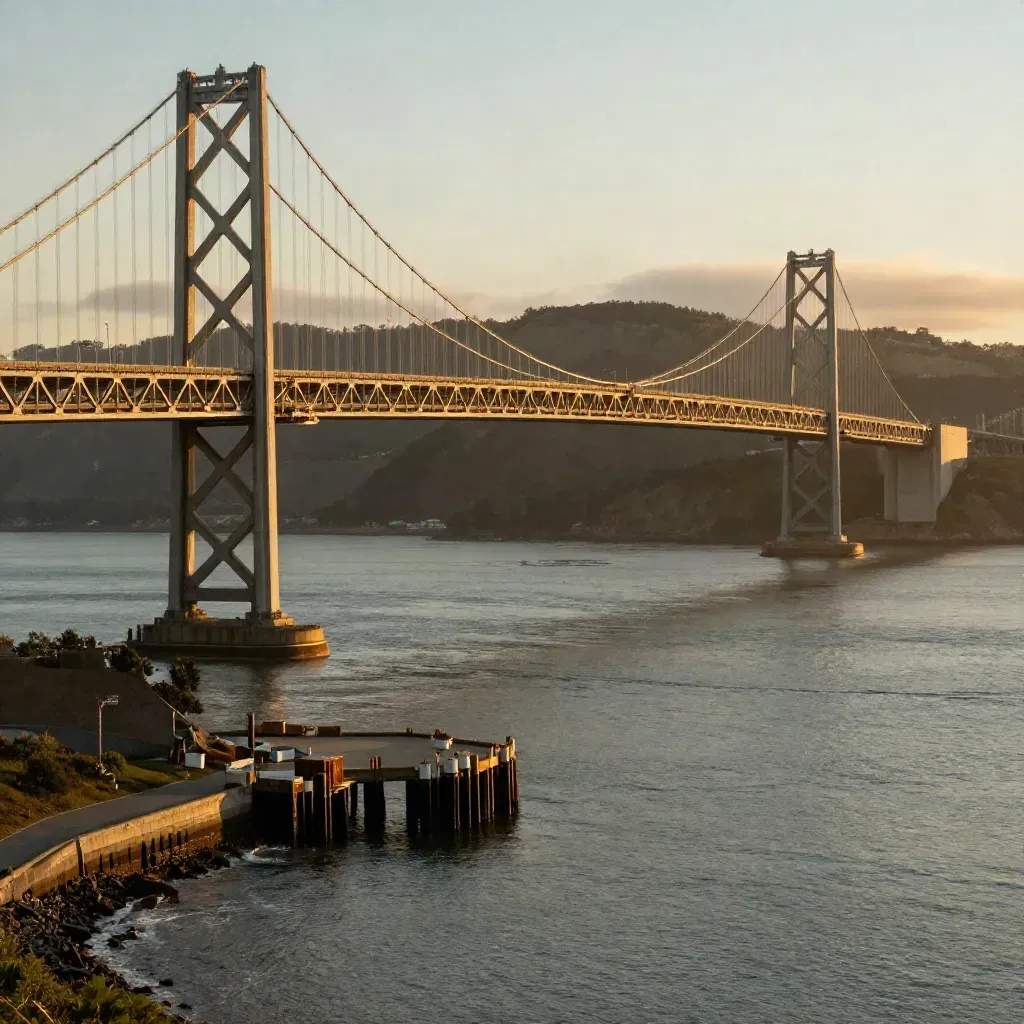 Golden Bay Bridge over haze-softened water and distant hills at sunset.