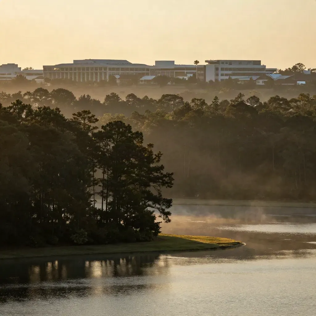 Sunset Carolina pines by a misty lake with a distant research-campus ridge line