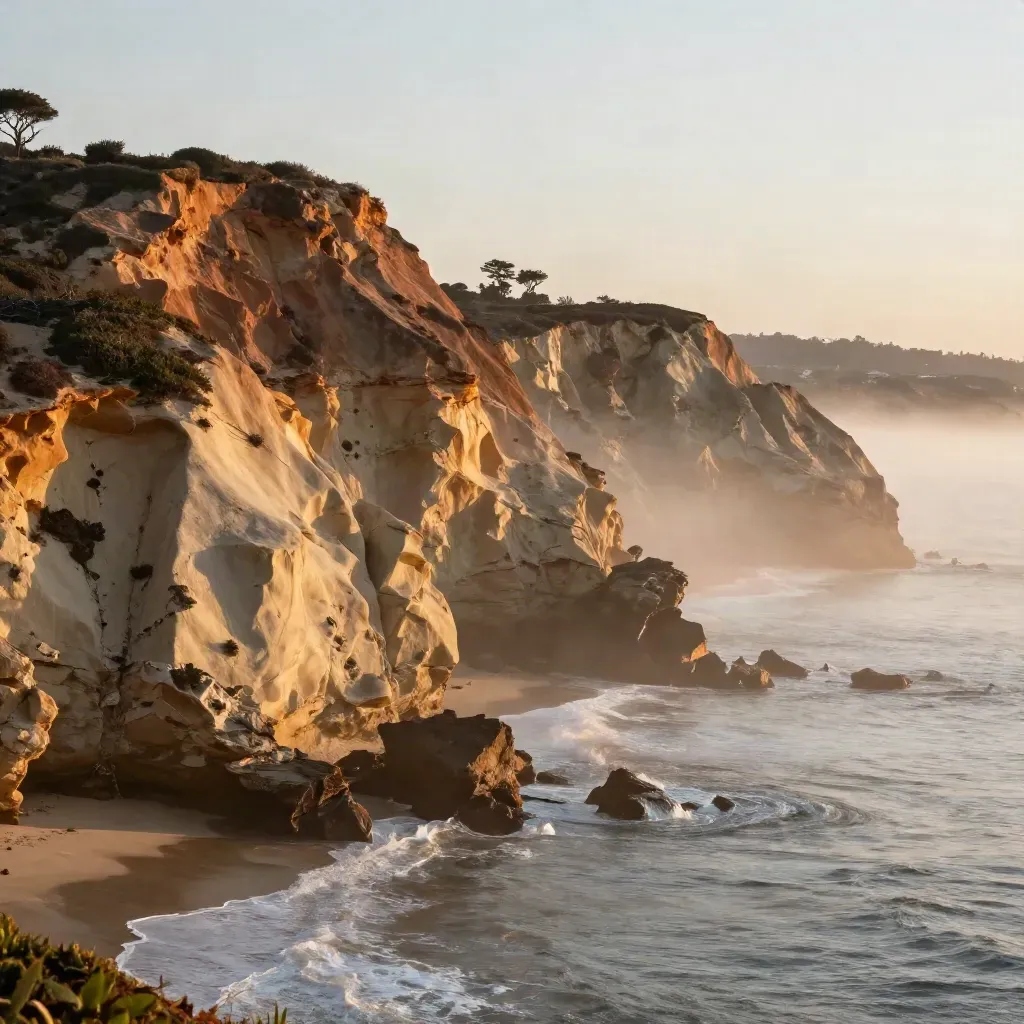 Pale sandstone coastal bluffs above glowing Pacific haze at sunrise.